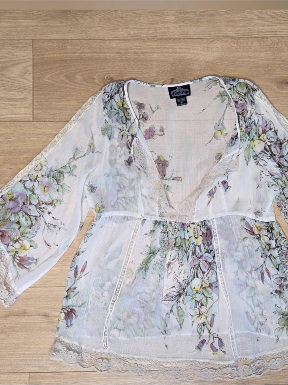 Angie Boho Fairy Sheer Floral Lace Tunic Top w/ Slip Romantic Cottagecore XL